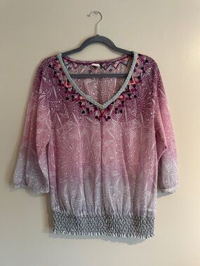 Anthropologie Akemi & Kin Boho Ombre Embroidered V-Neck Peasant Top - Pink